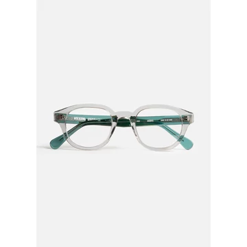 Agora Gray Optika szemüveg – prémium acetát keret, időtlen vintage stílus, modern elegancia, kristályszürke elülső rész, átlátszó zöld szárak, Olaszországban kézzel készült