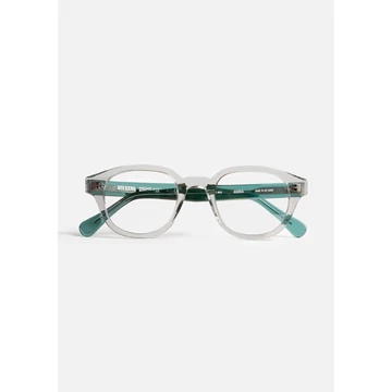 Agora Gray Optika szemüveg – prémium acetát keret, időtlen vintage stílus, modern elegancia, kristályszürke elülső rész, átlátszó zöld szárak, Olaszországban kézzel készült