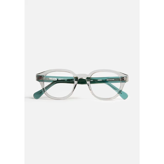 Agora Gray Optika szemüveg – prémium acetát keret, időtlen vintage stílus, modern elegancia, kristályszürke elülső rész, átlátszó zöld szárak, Olaszországban kézzel készült