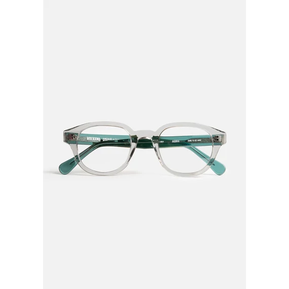 Agora Gray Optika szemüveg – prémium acetát keret, időtlen vintage stílus, modern elegancia, kristályszürke elülső rész, átlátszó zöld szárak, Olaszországban kézzel készült