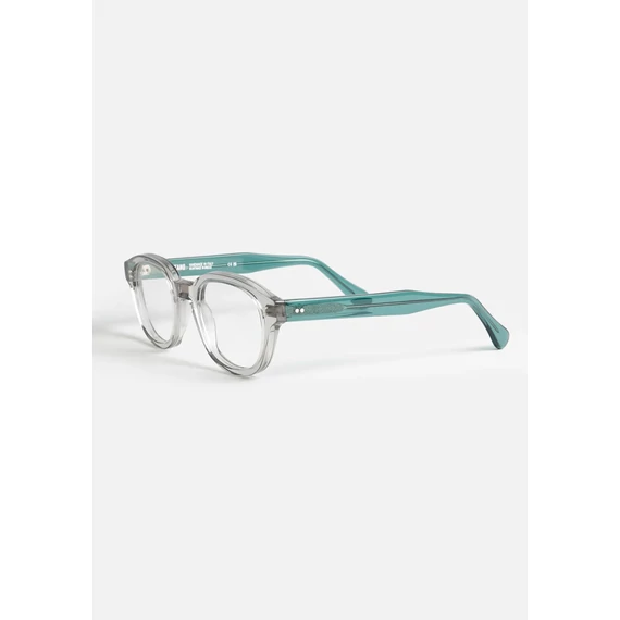 Agora Gray Optika szemüveg – prémium acetát keret, időtlen vintage stílus, modern elegancia, kristályszürke elülső rész, átlátszó zöld szárak, Olaszországban kézzel készült
