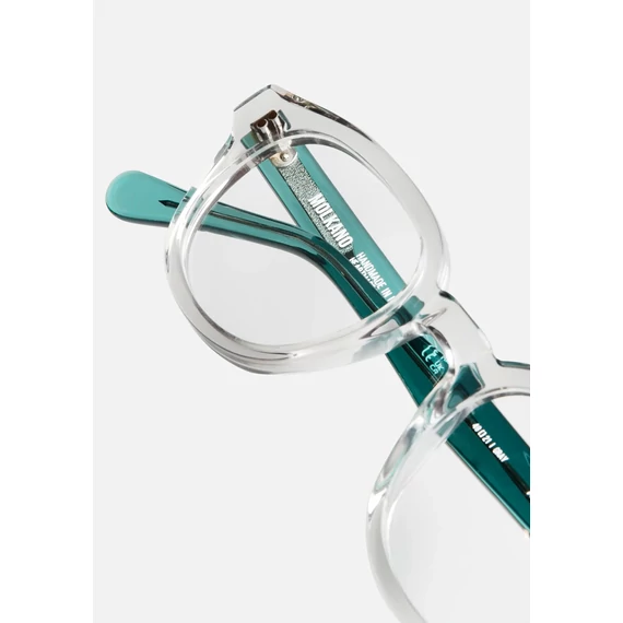 Agora Gray Optika szemüveg – prémium acetát keret, időtlen vintage stílus, modern elegancia, kristályszürke elülső rész, átlátszó zöld szárak, Olaszországban kézzel készült