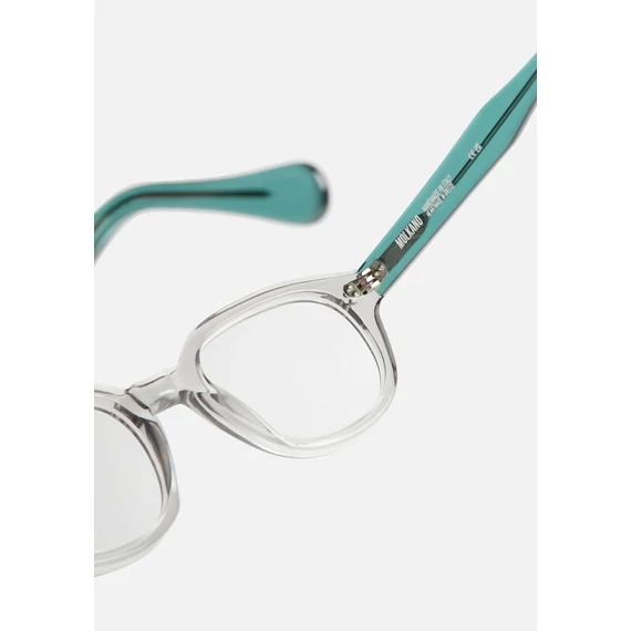 Agora Gray Optika szemüveg – prémium acetát keret, időtlen vintage stílus, modern elegancia, kristályszürke elülső rész, átlátszó zöld szárak, Olaszországban kézzel készült