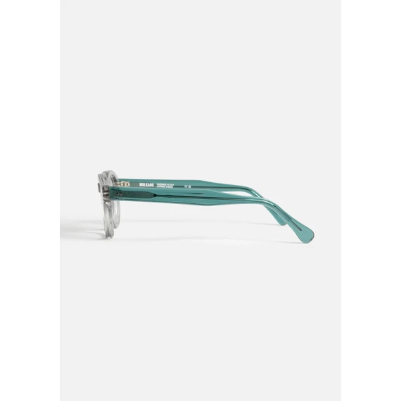 Agora Gray Optika szemüveg – prémium acetát keret, időtlen vintage stílus, modern elegancia, kristályszürke elülső rész, átlátszó zöld szárak, Olaszországban kézzel készült